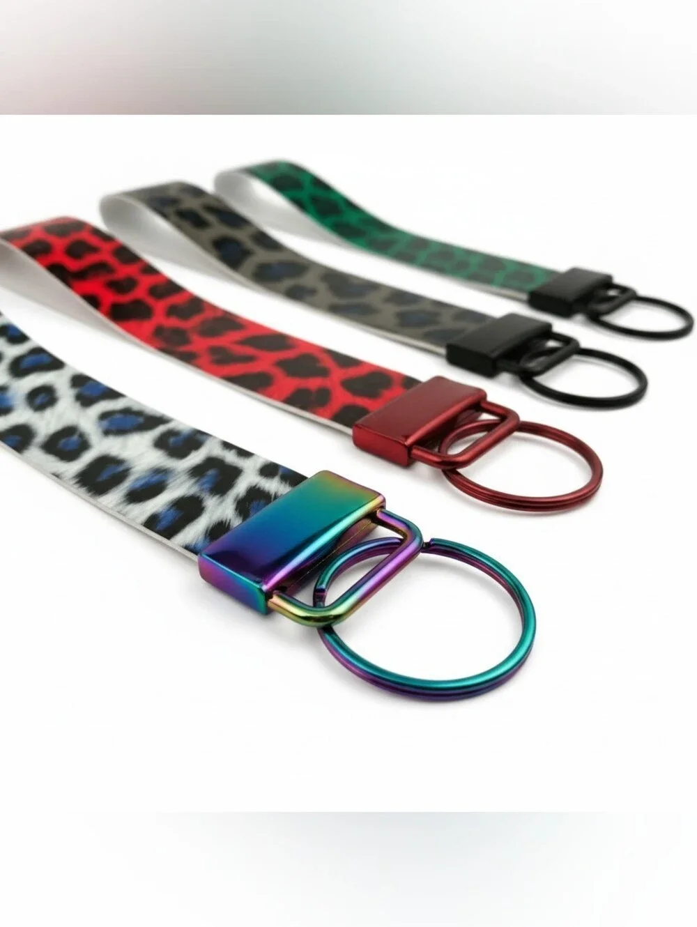 Leopard Print Vegan Faux Leather Wristlet Keychains - Red, White, Green, Black